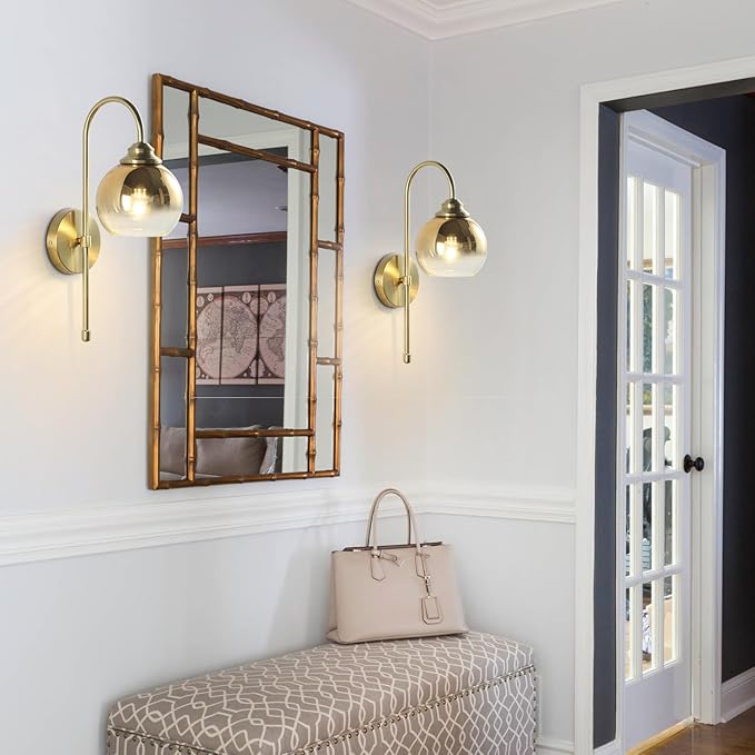 KCO Lighting Brass Wall Sconces Vintage Rose Gold Armed Sconce Mid Century Modern Long Sconces Wall Lighting Indoor Large Glass Globe Wall Sconce Bathroom Vanity Wall Light for Bedroom