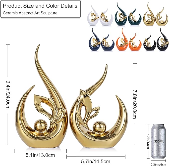 9.4" H Bright Gold Abstract Sculptures Home Decor, Ceramic Art Statue Cool Stuff to Put on Shelves&tv Stand Decor, Gold Accent Entertainment Center, for Fireplace Coffee Table Dining Table Decorate