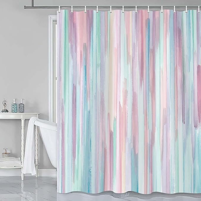 JAWO Abstract Shower Curtain, Modern Aesthetic Stripe Shower Curtain Set 72 X 72 Inches with 12 Hooks for Bathtub Bathroom Gray Yellow Contemporary Abstract Painting Fabric