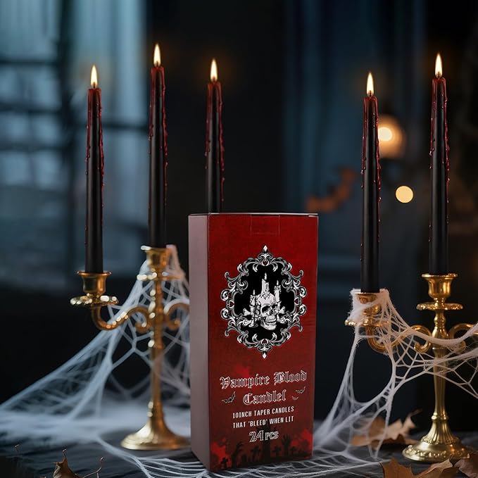 24 Pack Vampire Tears Taper Candles, 10 inch Tall Bleeding Candles, Unscented Black Tapered Candlesticks, Spooky Blood Drip Candle Set for Halloween Party Gothic Home Decorations