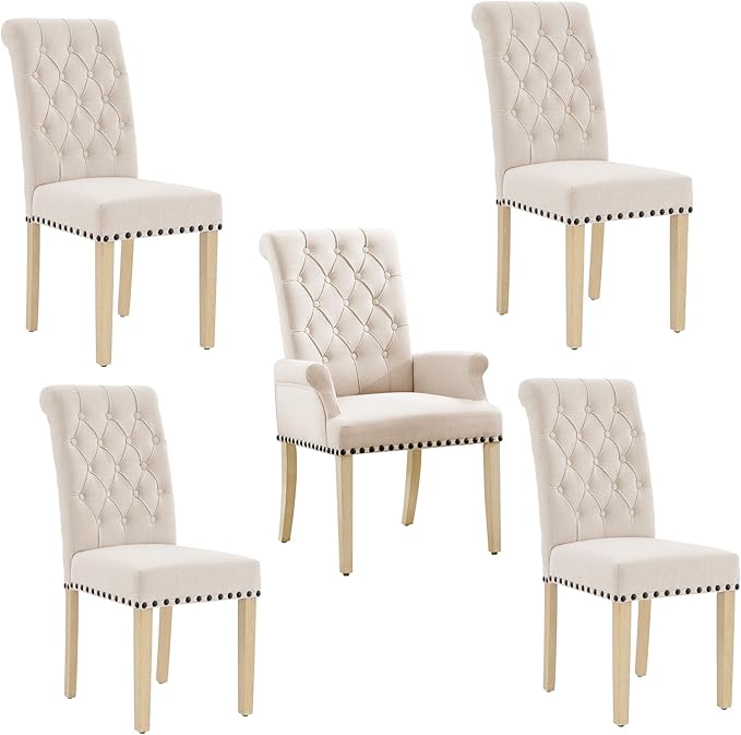 AODCHR Upholstered Fabric Accent Dining Chair Set of 5, Elegant Tufted Dining Room Chair, Kitchen Room 1 Arm Chair with 4 Armless Chairs, Beige