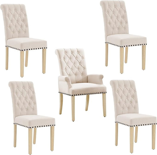 AODCHR Upholstered Fabric Accent Dining Chair Set of 5, Elegant Tufted Dining Room Chair, Kitchen Room 1 Arm Chair with 4 Armless Chairs, Beige
