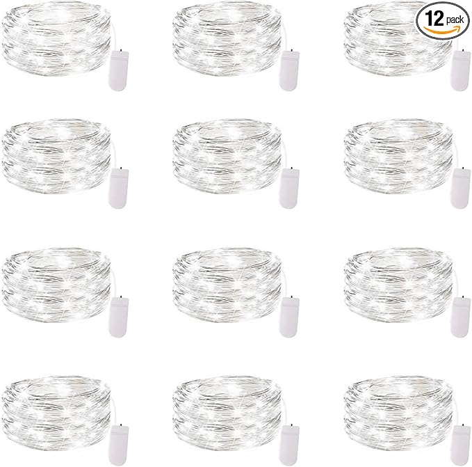 12 Pack Fairy Lights Battery Operated String Lights 7 Feet 20 Led Waterproof Christmas Lights Silver Wire Firefly Starry Moon Lights for Bedroom DIY Party Wedding Patio Christmas White