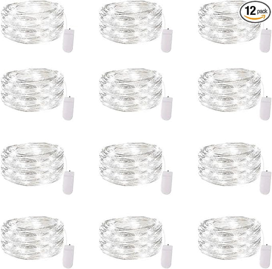 12 Pack Fairy Lights Battery Operated String Lights 7 Feet 20 Led Waterproof Christmas Lights Silver Wire Firefly Starry Moon Lights for Bedroom DIY Party Wedding Patio Christmas White