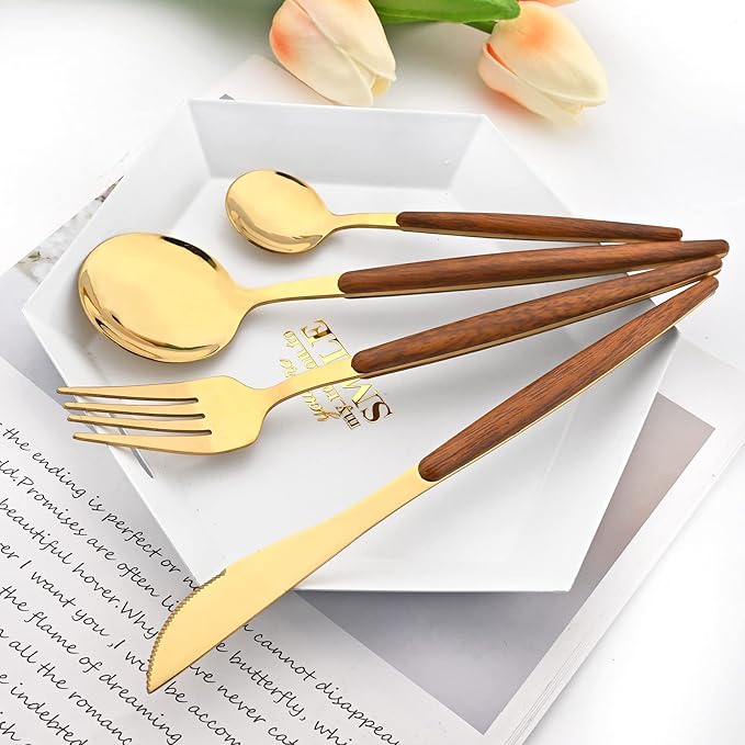 20 Piece (4 Set) Wood Handle Silverware Set, Retro 18/0 Stainless Steel Cutlery Set, Kitchen Utensils Include Knife Fork Spoon, Mirror Polish, Gold