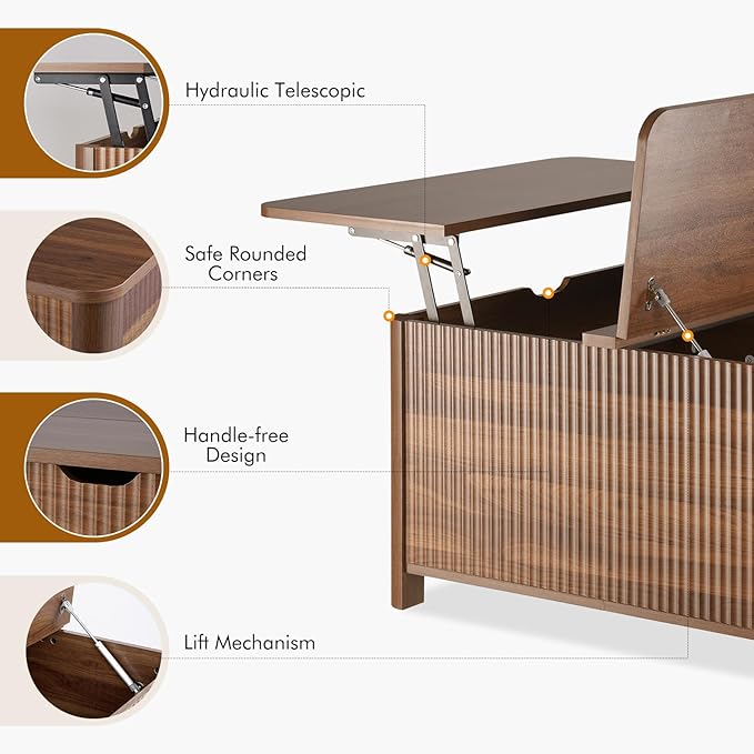 LYNCOHOME Fluted Lift Top Coffee Table with Storage, Square Coffee Tables for Living Room, Coffee Table with Large Hidden Storage Compartment and Adjustable Shelves，Walnut