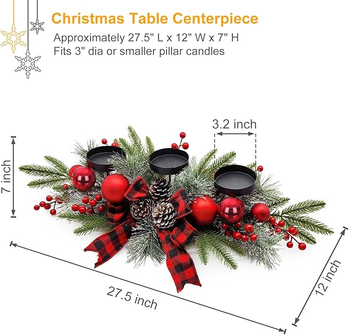 Christmas Table Centerpieces Decorations, 27.5 Inch Designed with Golden Bowknot Baubles Ornaments, Artificial Golden Berries and Pine Cones for Dining Room Table (Red Ball)