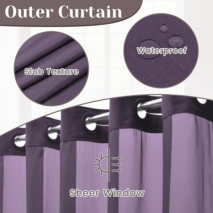No Hook Slub Textured Shower Curtain with Snap in Liner - Purple Fabric Outer Curtain & Waterproof Inner Liner, Hotel Style with See Through Top Window, 71x74 in