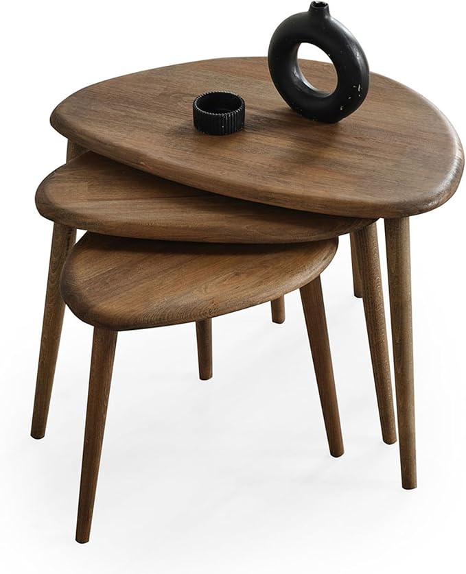 Solid Wood Nesting Coffee Table Set of 3 - Mid Century Modern Pebble Tables with Tapered Legs – Wooden Home Furniture in a Retro Style (Walnut)