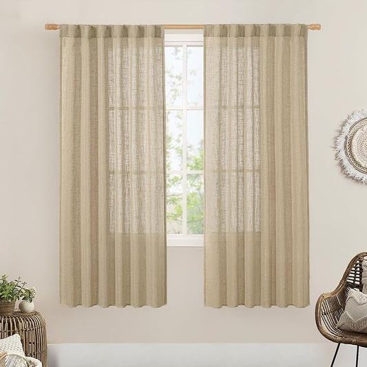 LAMIT Brown Linen Boho Curtains 68 inch Length 2 Panels, Light Filtering Semi Sheer Panels Back Tab and Rod Pocket Neutral Drapes for Bedroom/Living Room, 52 x 68 Inch