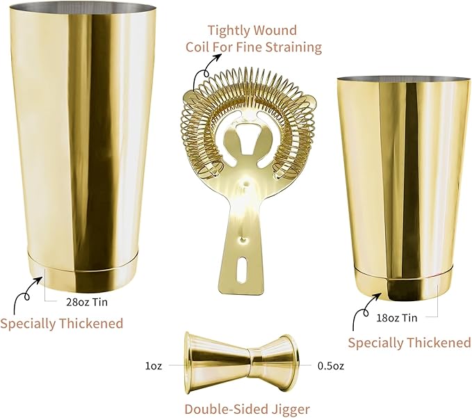 Boston Cocktail Shaker Bar Set, Weighted Boston Shaker Tins, Bartender Kit with 18oz & 28oz Mixed Drink Shaker, Hawthorne Strainer, Double Measuring Jigger - Gold