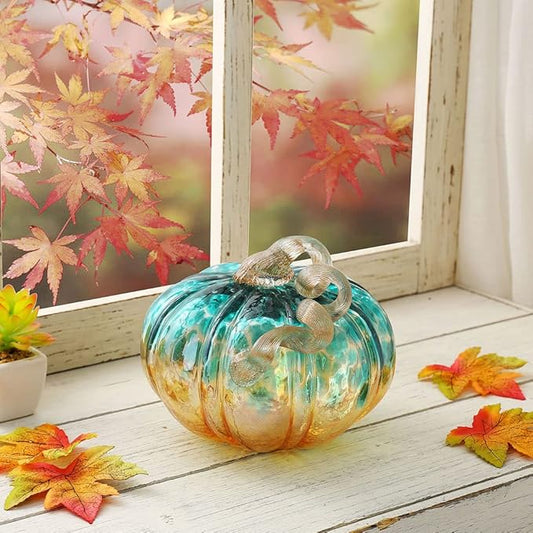Glitzhome 4.13" H Hand Blown Glass Pumpkin Table Accent for Fall Harvest Thanksgiving Decorating Blue/Gold Glitter