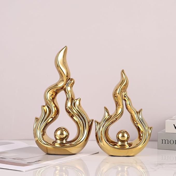 2 Pcs Gold Ceramic Sculptures for Home Decor, Modern Abstract Art Statues, Centerpieces for Dining Room Table, Living Room, Shelf, Mantel, Coffee Table, Entryway Accent Decorations