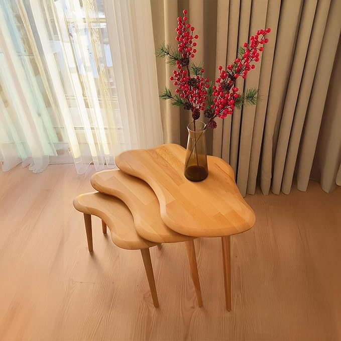 Nesting Coffee Tables, End Tables Set of 3 for Living Room Bedroom, Solid Wood Small Side Tables for Couch, Rustic Mid Century Modern Wooden Asymmetrical Table with Tapered Legs