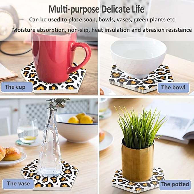 8 Pcs Drink Coasters with Metal Holder Stand, Leopard Print Design Ceramic Coaster Set, Cork Base, for Tabletop Protection, Home Decor, Bar Coasters(Leopard 1)