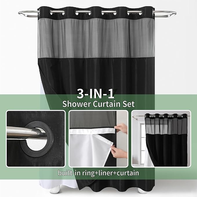 Black No Hook Shower Curtain with Snap-in Fabric Liner Set,Slub Textured Fabric Shower Curtains for Bathroom,Hotel Style Modern Shower Curtain,Water Repellent & Washable,71x77(75)