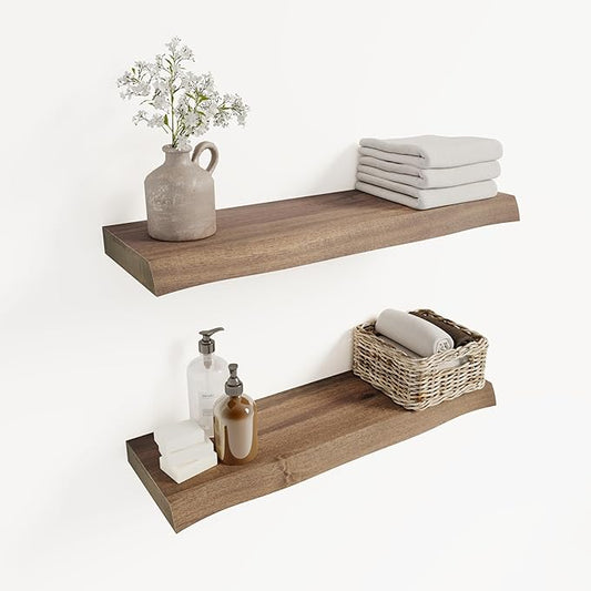 24" Acacia Live Edge Floating Shelves Set of 2 - Wall Mounted Wooden Shelf for Stylish Home Décor - Dark Walnut Color 24x7.5x1.5 Inches