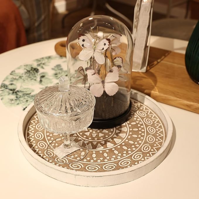 Boho Round Wooden Decorative Tray, White Farmhouse Candles Tray for Home Decor, A Pattern