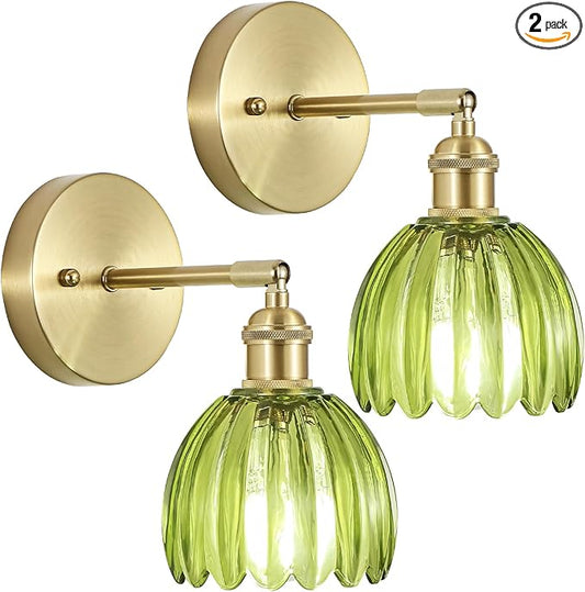 Vintage Wall Sconces Set of Two,Hardwired Wall Lights with Green Tulip Glass Lampshade,Gold Wall Lamps for Bedroom Bedside Stairway Bathroom Living Room(Bulbs Not Included)