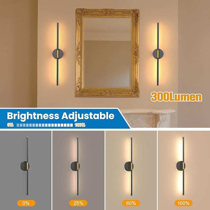 NIORSUN 27.6 Inch Battery Operated Wall Sconce Set of 2, Black-Gold Round Base Rechargeable Wall Lights with Remote, 3CCT Dimmable Wireless Wall Sconces for Living Room Bedroom Hallway