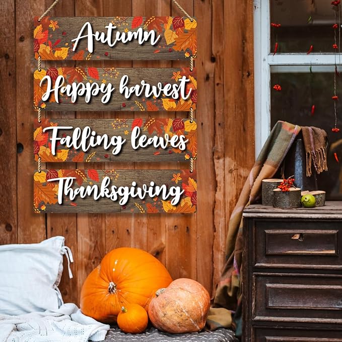 4 Pieces Fall Rustic Wooden Board Wall Decor Hanging Signs Decor, Thanksgiving Autumn Maple Leaves Wooden Plaque Farmhouse Wall Signs for Indoor Outdoor Porch Door Living Room. (011)