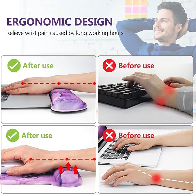 AIMSA Ergonomic Keyboard Wrist Rest and Mouse Pad with Wrist Support Set, Memory Foam Non-Slip Rubber Base, for Home, Office, Easy Typing, Pain Relief, Purple Marble
