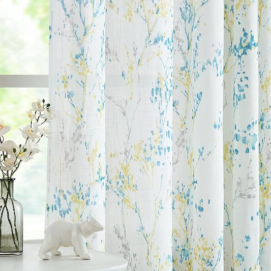 Branch Semi Sheers Curtains Living-Room 84inch Long Yellow Teal Watercolor Print Tree Curtain Drapes for Bedroom Linen Textured Look Privacy White Sheer Window Panels for Dining Grommet Top 2pcs