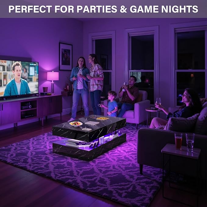 LED Coffee Table, 47.2" Coffee Tables with Storage Drawers, Smart Living Room Table with Wireless Charging & Bluetooth Speaker,Modern Center Tables for Living Room, Black Marble