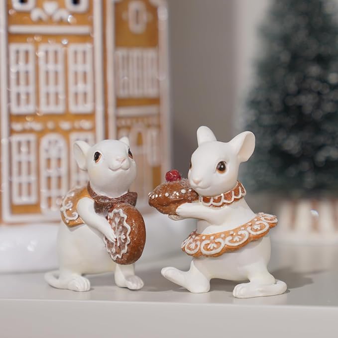 Braxio Gingerbread Decor Christmas Decorations Indoor - Set of 2 Resin Christmas Mouse with Cake and Cookie Christmas Decorations Indoor Home Decor, Off White