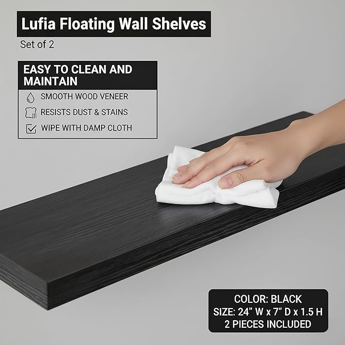 Lufia Floating Wall Shelves, Set of 2, MDF with Invisible Brackets, Modern Storage for Bedroom, Bathroom, Living Room, Kitchen (Black, 24" W x 7" D x 1.5" H)