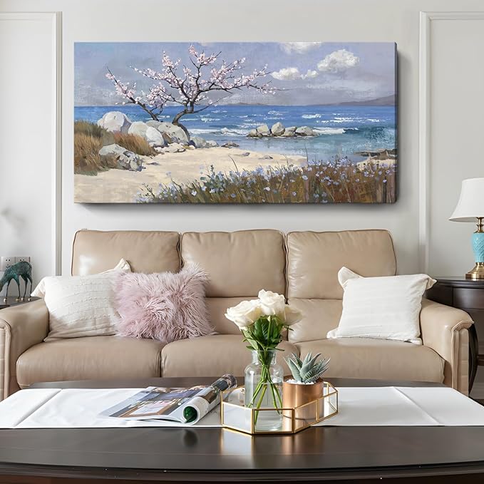 amatop Extra Large Coastal Canvas Wall Art for Living Room Abstract Blue Ocean Beach Seascape Picture Pink Flower Tree of Life Print Wildflower Botanical Nature Artwork Bedroom Office Decor 58x29 In