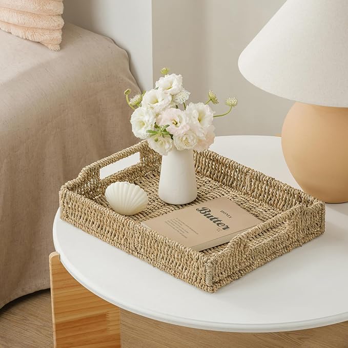 Wicker Scalloped Serving Tray with Handles - Seagrass Handwoven Trays,Water Hyacinth Tray for Home Decor and Living Room, Dining Table, Bathroom Organizing, 16.9" L x 12.9" W x 1.96" H