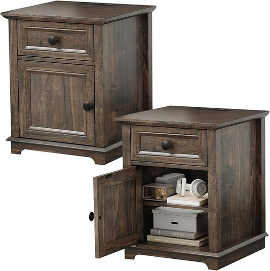 End Tables with Fast-Charge Sets, Side Tables with Drawers, Storage Side Tables Living Room, Adjustable Shelf, Bedroom Nightstands Set of 2, Rustic Brown