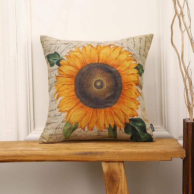 TRENDIN Sunflower Pillow Cover 18X18 for Couch Fall Decor Square Linen Cushion Case Sofa Home Thanksgiving Decorations Vintage Orange PL1075TR