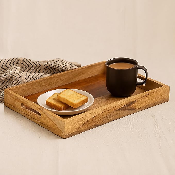 Mela Artisans Wooden Serving Tray with Handles | 15x10x1.75 inch | Mango Wood Decorative Tray | Ottoman Tray | Snacks | Desserts | Breads | Coffee Table | Bedroom | Rectangular Edge Design