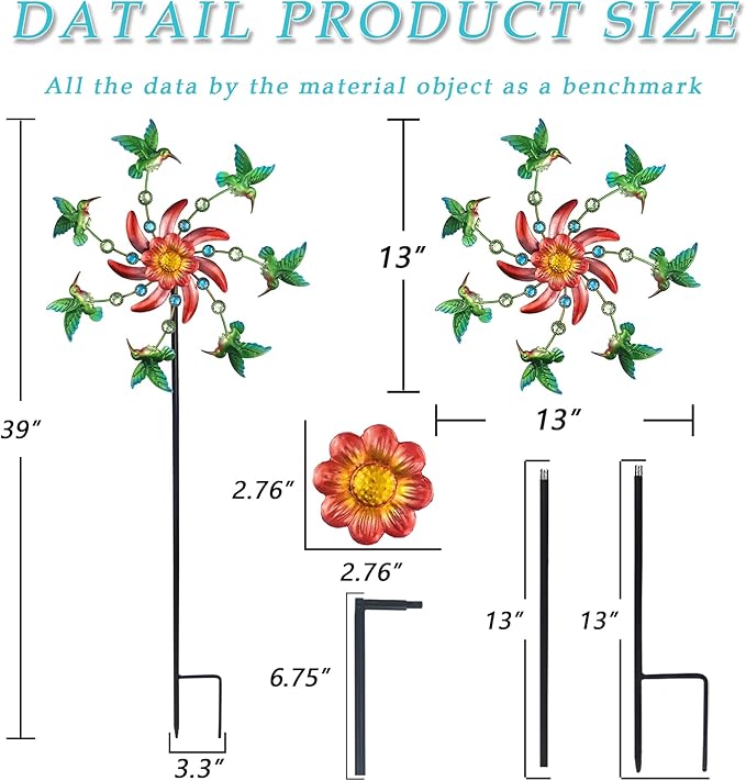 39" Hummingbird Wind Spinner for Yard and Garden Stake,Outdoor Metal Windmill Single Direction Wind Sculptures Kinetic Windmills for Yard Garden Decorations