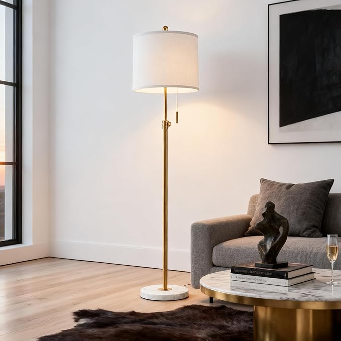 PARTPHONER Floor Lamp for Living Room, 66'' Adjustable Height Standing Lamp with Marble Base, 3-Color Tall Lamps with Pull Chain, Suitable for Bedroom, Reading, Office (Bulb Included, White Shade)
