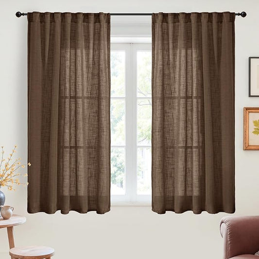 YoungsTex Short Linen Curtains 45 Inch Length for Kitchen Window - Chocolate Brown Light Filtering Drapes Semi Sheer with Rod Pocket Back Tab for Living Room Window, 2 Panels, 42 X 45 Inch