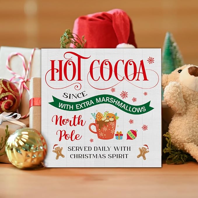 Christmas Decorations Indoor Home Decor, Hot Cocoa Wooden Sign, Gingerbread Wooden Block Sign, Christmas Decor for Table Shelf 5 x 5 Inch