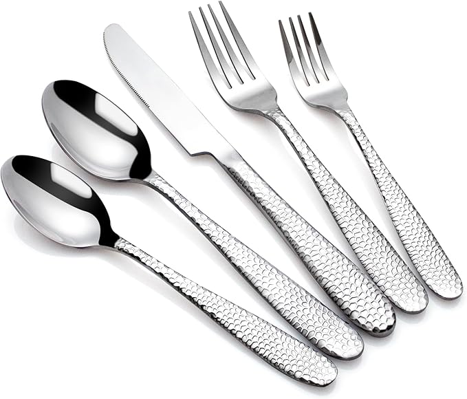 Hammered Silverware Set, CITESANA 40-Piece Heavy Duty Mirror Polished Stainless Steel Flatware Set Cutlery Set Flatware Service for 8