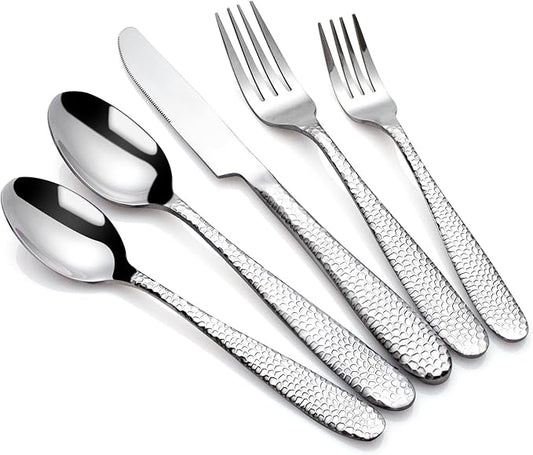 Hammered Silverware Set, CITESANA 40-Piece Heavy Duty Mirror Polished Stainless Steel Flatware Set Cutlery Set Flatware Service for 8