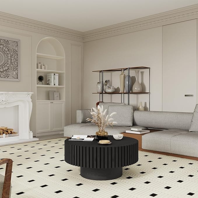 Round Fluted Coffee Table Mid Century Modern Coffee Tables with Handcrafted Relief Circle Drum End Table Rustic Industrial Center Tables for Apartment Living Room (Black Round)