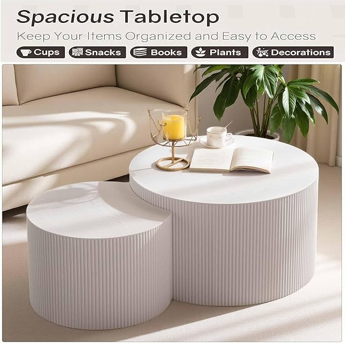 Modern Round Wooden Nesting Coffee Table Set of 2 Circle Tables with Non-Slip Feet, Accent Side End Table, Saving Space Design and No Need Assembly (GLARGE)