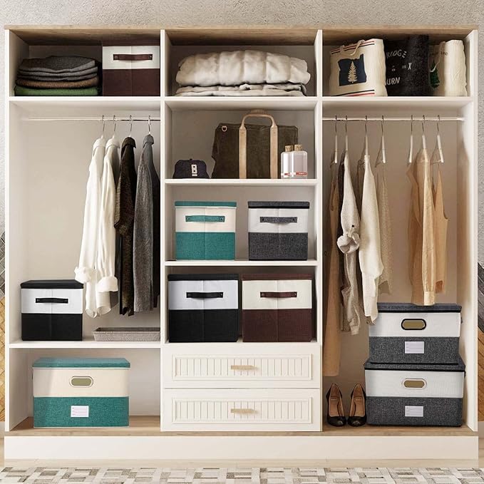 Large Linen Fabric Foldable Storage Bins with Removable Lid and Handles, Washable Storage Box Organizer Containers Baskets Cube with Cover for Bedroom,Office (Turquoise&Cream, Large(2-Pack))