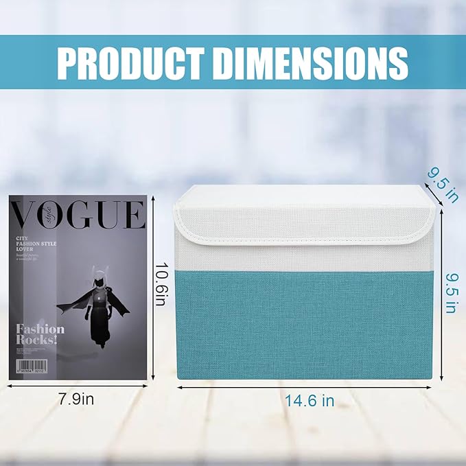 Large 22 Quart Linen Fabric Foldable Storage Bin Cube Organizer Basket with Flip-Top Lid & Handles, Clothes Blanket Box for Home, Office, Closet, Teal & White, 4 Pack 14.6 x 9.5 x 9.5