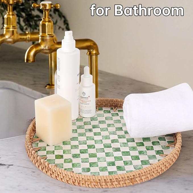 Round Rattan Tray with Mother of Pearl Inlay, Rattan Serving Tray for Coffee, Bread, Fruits, Decorative Wicker Tray for Table Decor, Home Decor, Kitchen Island Decor(Green Checkerboard, 11.8")