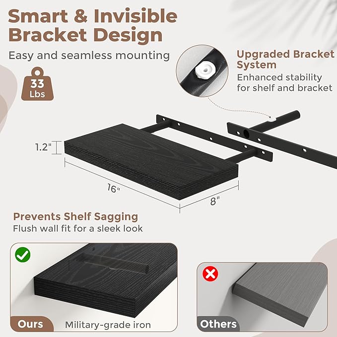 16 Inch Floating Shelves for Wall Set of 2, 8"D Wood Grain Bathroom Shelves with Invisible Brackets, Easy Install Engineered Wood Storage Shelves for Kitchen, Living Room, Bedroom, Black Finish