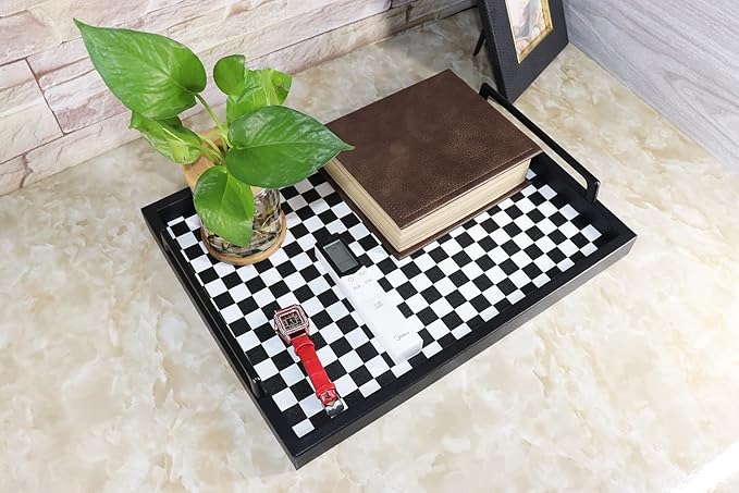 MCBZ Living Room Coffee Table Decorative Tray, Food Service Tray, Leather Ottoman Tray,with Metal Handles 16.5 x 12.6 in (Black and White Grid)