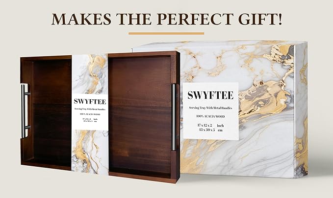 Serving Tray with Handles – 17 x 12 x 2 Inch Dark Brown Acacia Wood Ottoman Tray Table Decorative – Coffee Trays Wood Decor for Kitchen – Breakfast in Bed Trays with Silver Metal Handles