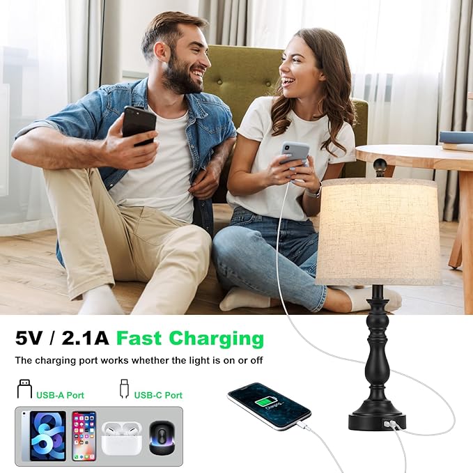 23'' Farmhouse Table Lamps for Living Room Set of 2 with USB C+A Ports, Retro Bedside Lamp for Bedroom, Office, Dining Room, Knob Switch, 3 Color Temperatures, Bulb Included, Black